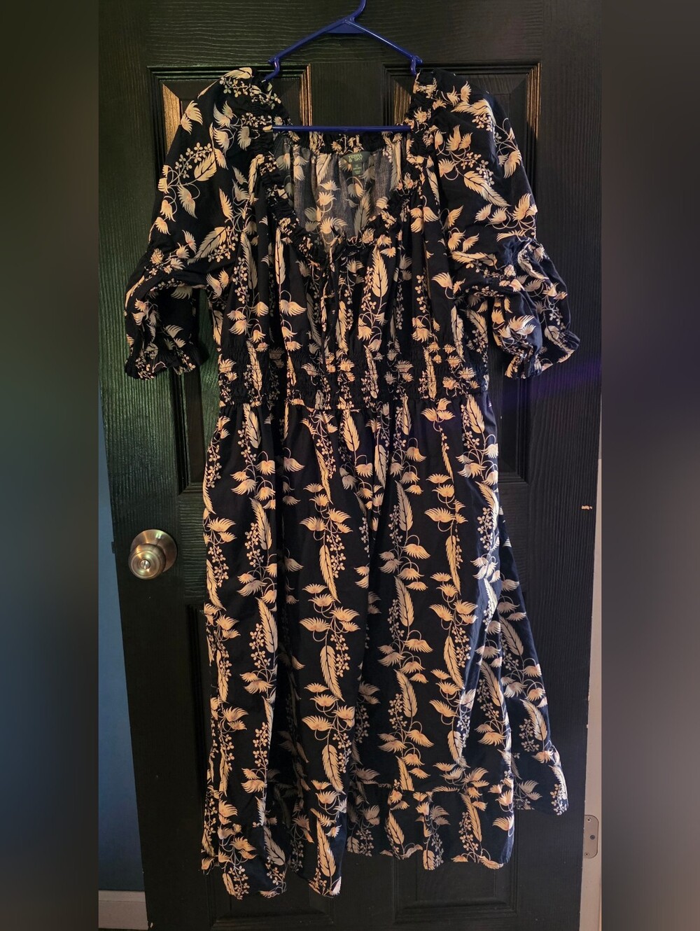 Navy Floral Smocked-Waist Midi Dress